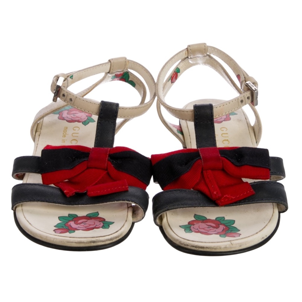 Gucci White/Blue Leather Vintage Bow T Strap Open Toe Sandal